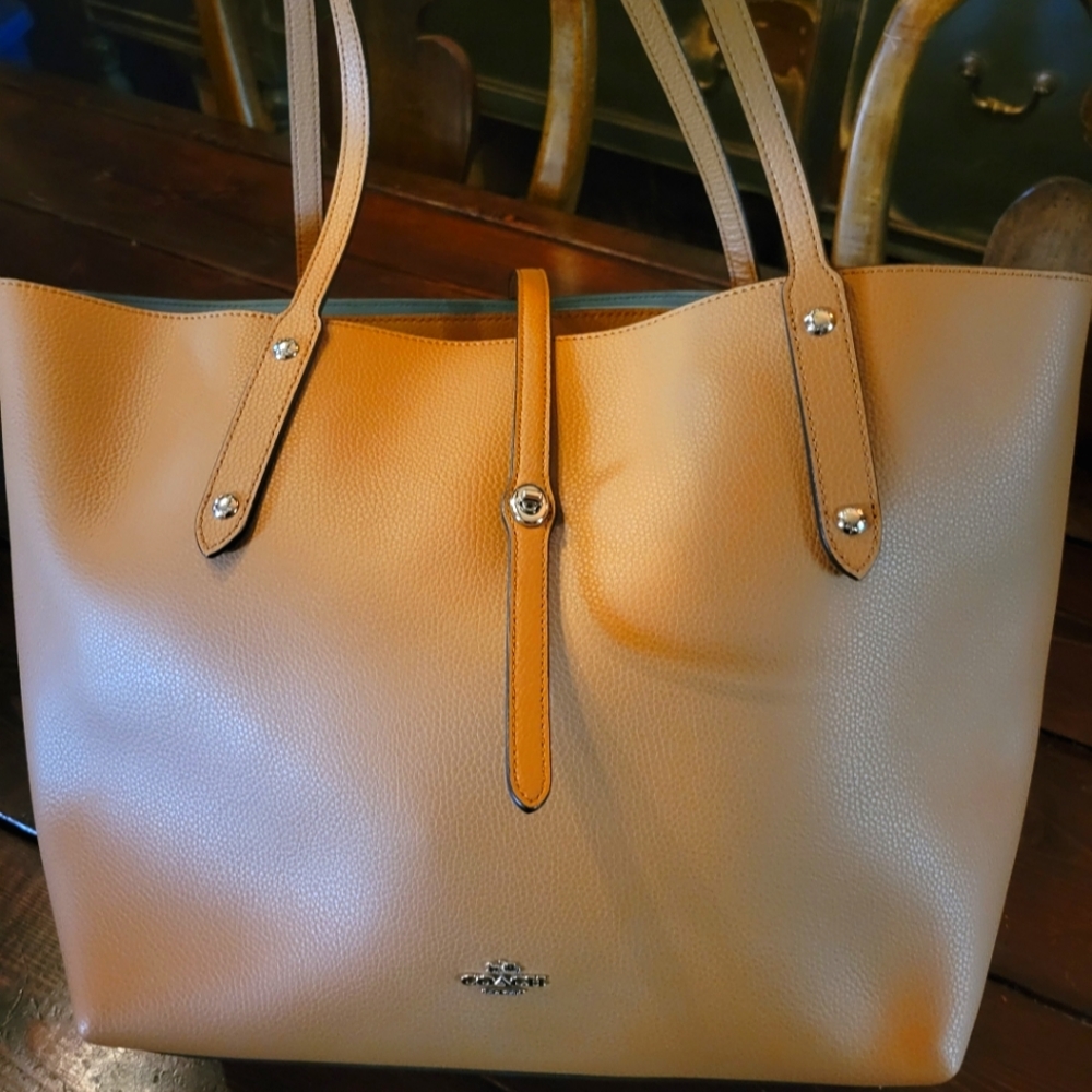 COACH F58849 MARKET TOTE LEATHER LARGE SADDLE/CLOUD BLUE